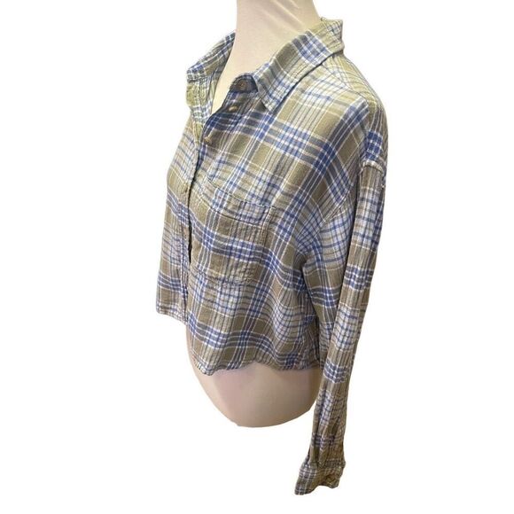 American Eagle Outfitters Blue/Green/White Plaid Long Sleeve Button Down Linen B - Picture 10 of 12